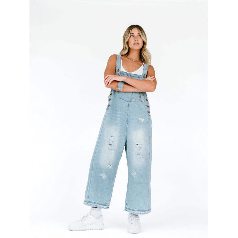 Pantaloni Cristina din denim cu bretele - Stil retro cu picioare late