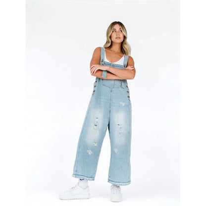 Pantaloni Cristina din denim cu bretele - Stil retro cu picioare late