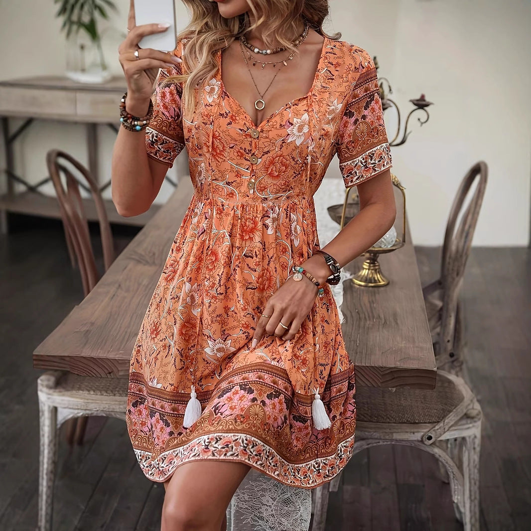 Rochie de vară cu imprimeu floral boho Cristina Gore, linie A