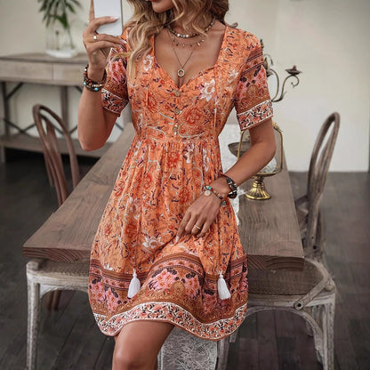 Rochie de vară cu imprimeu floral boho Cristina Gore, linie A