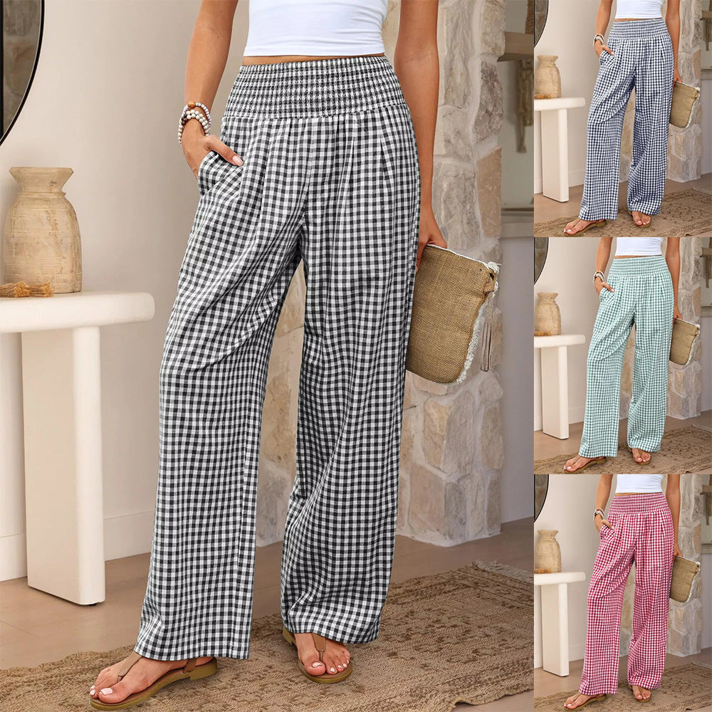 Pantaloni sport în carouri, casual, lejeri, la modă, cu picior larg, cu buzunare