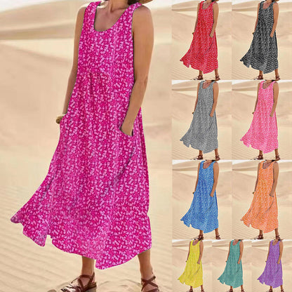 Rochie trapez florală Cristina - Fără mâneci cu buzunare