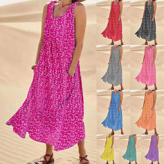 Rochie trapez florală Cristina - Fără mâneci cu buzunare