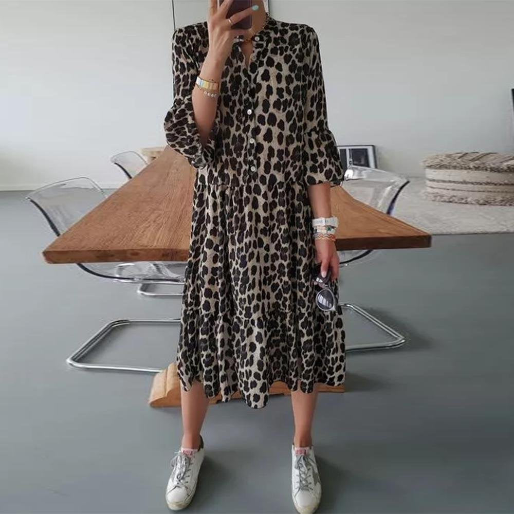 Rochie midi Cristina cu imprimeu leopard - croială în linie A