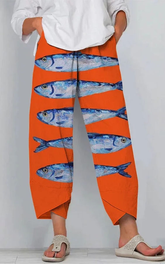 Pantaloni artistici din in cu model 3D Cristina Gore