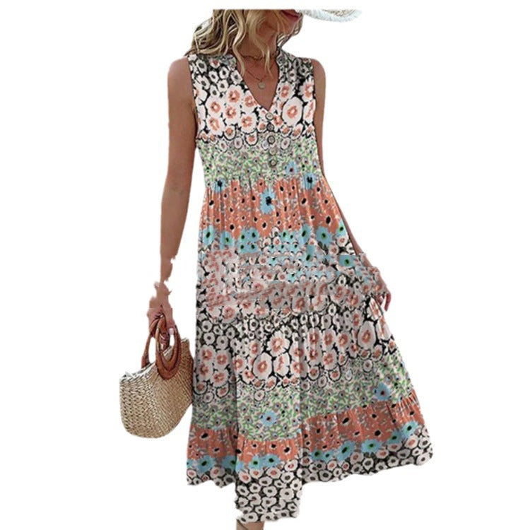 Rochie Cristina fără mâneci cu imprimeu digital floral și decolteu în V