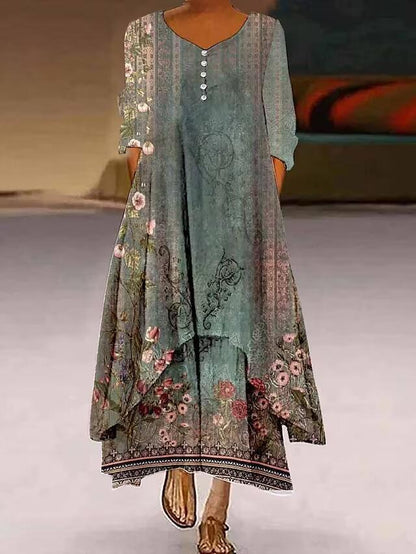 Rochie maxi cu imprimeu Cristina - Tiv și mâneci asimetrice