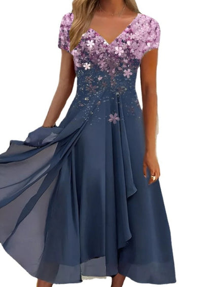 Rochie Cristina din șifon floral - Decolteu în V cu imprimeu patchwork