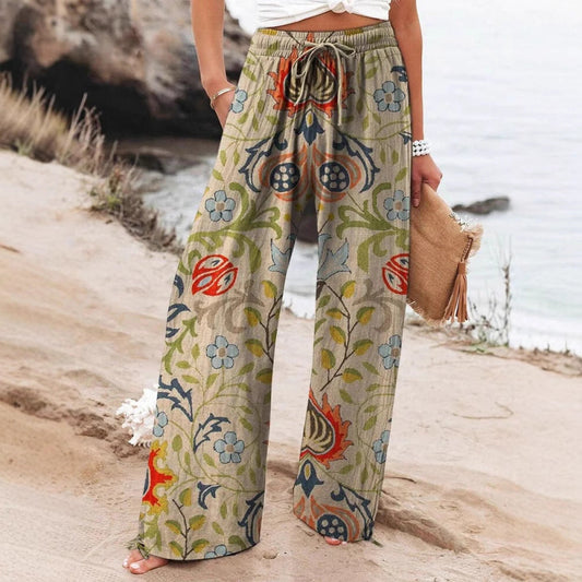 Pantaloni largi pentru femei cu imprimeu boho botanic Cristina Gore