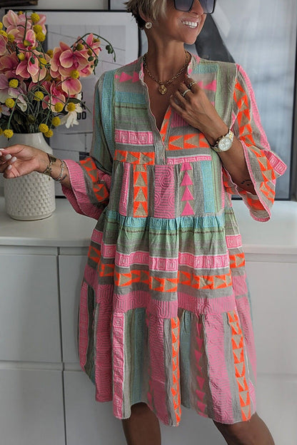 Rochie Cristina cu imprimeu și decolteu în V - Mâneci clopot - Bumbac și in