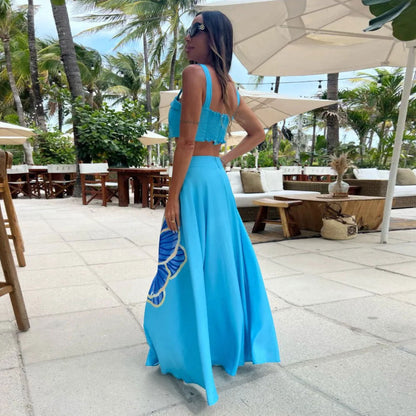 Set Cristina din două piese, cu imprimeu floral albastru - Fustă cu crăpătură la abdomen