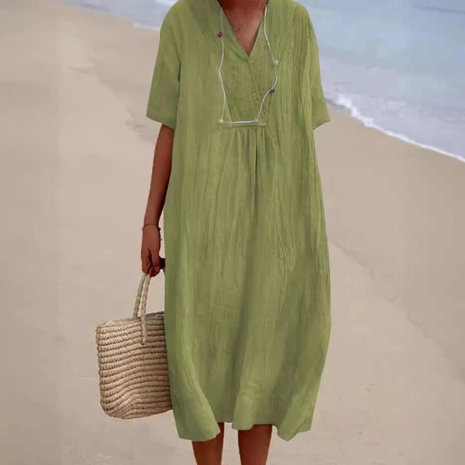 Rochie maxi Cristina din bumbac și in, cu decolteu în V