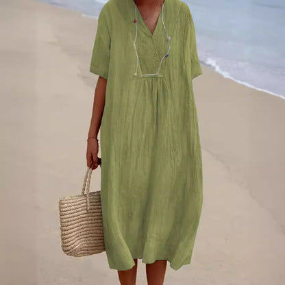 Rochie maxi Cristina din bumbac și in, cu decolteu în V