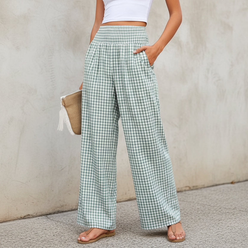 Pantaloni sport în carouri, casual, lejeri, la modă, cu picior larg, cu buzunare