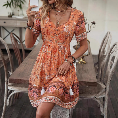 Rochie de vară cu imprimeu floral boho Cristina Gore, linie A