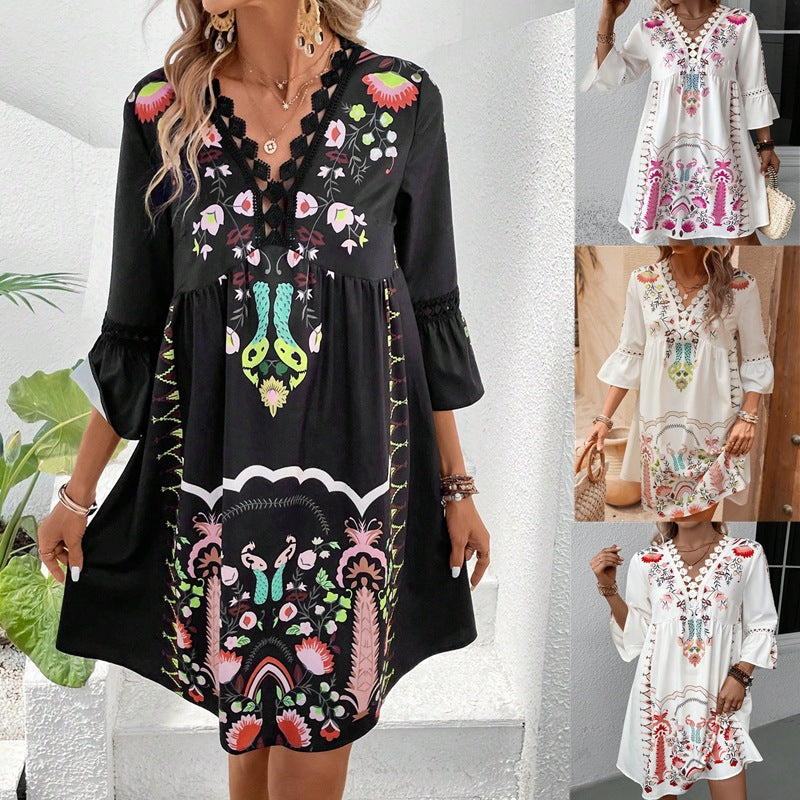 Rochie Cristina cu decolteu în V din dantelă florală - mâneci 3/4