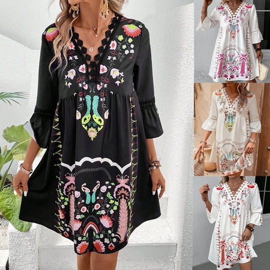 Rochie Cristina cu decolteu în V din dantelă florală - mâneci 3/4