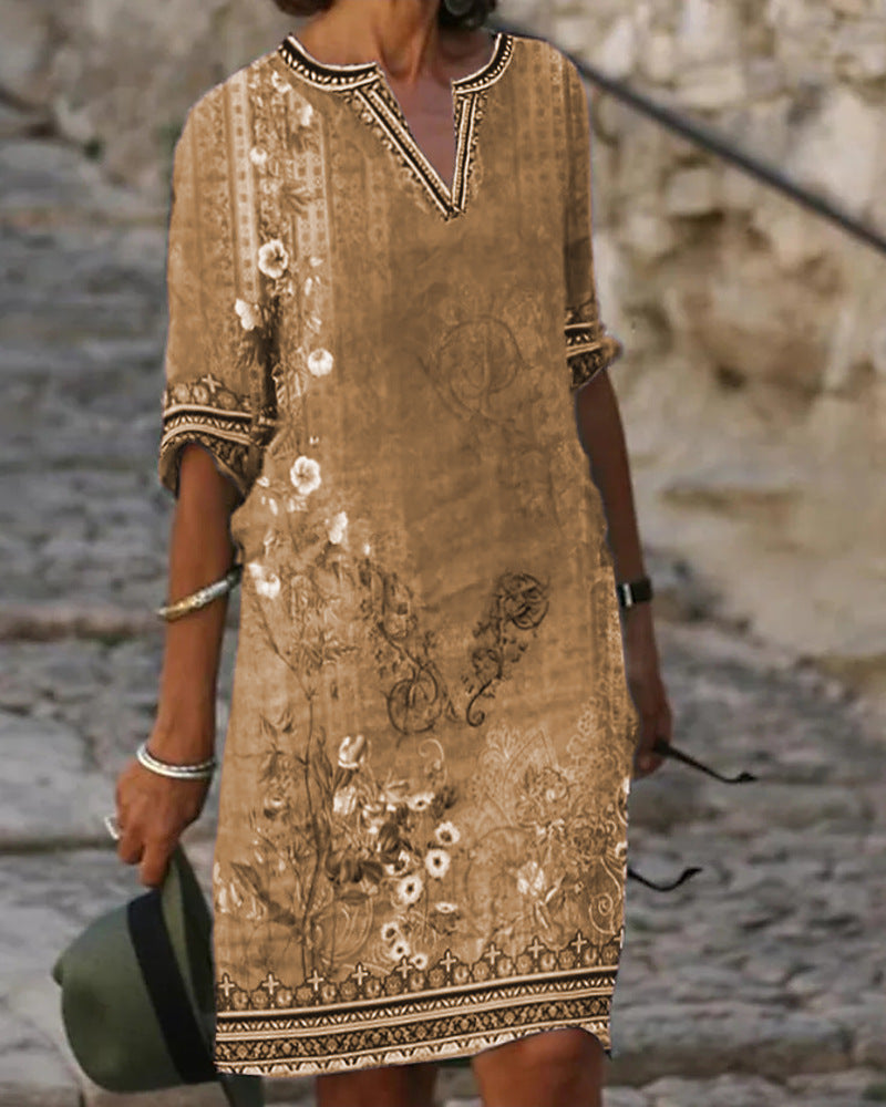 Rochie Cristina Retro cu Decolteu în V - Imprimeu Casual