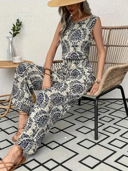 Set de bluză fără mâneci cu imprimeu și pantaloni largi pentru femei