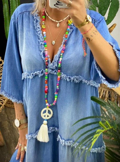 Rochie trapez boemă Cristina - Inspirație imprimeu albastru