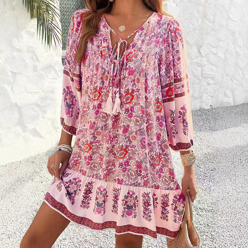 Bohemian Floral Cristina Gore V-Neck Midi Dress