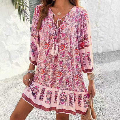 Bohemian Floral Cristina Gore V-Neck Midi Dress