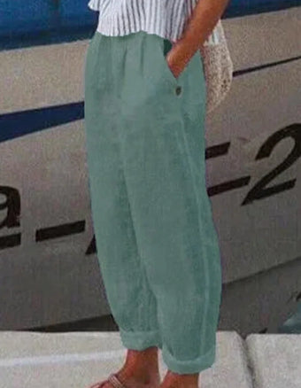 Pantaloni Cristina cu croială dreaptă din bumbac și in - Model cu buzunar