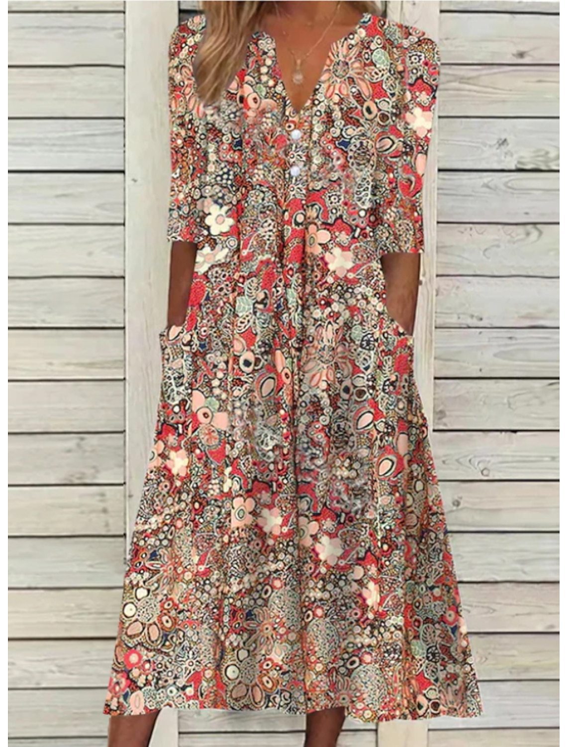 Rochie de petrecere Cristina - Croială trapez florală cu buzunare