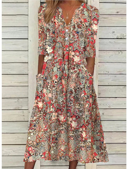 Rochie de petrecere Cristina - Croială trapez florală cu buzunare