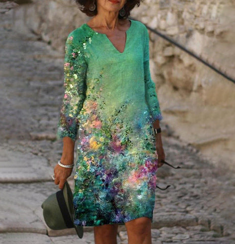 Rochie Cristina din in cu decolteu în V - Imprimeu floral și frunze