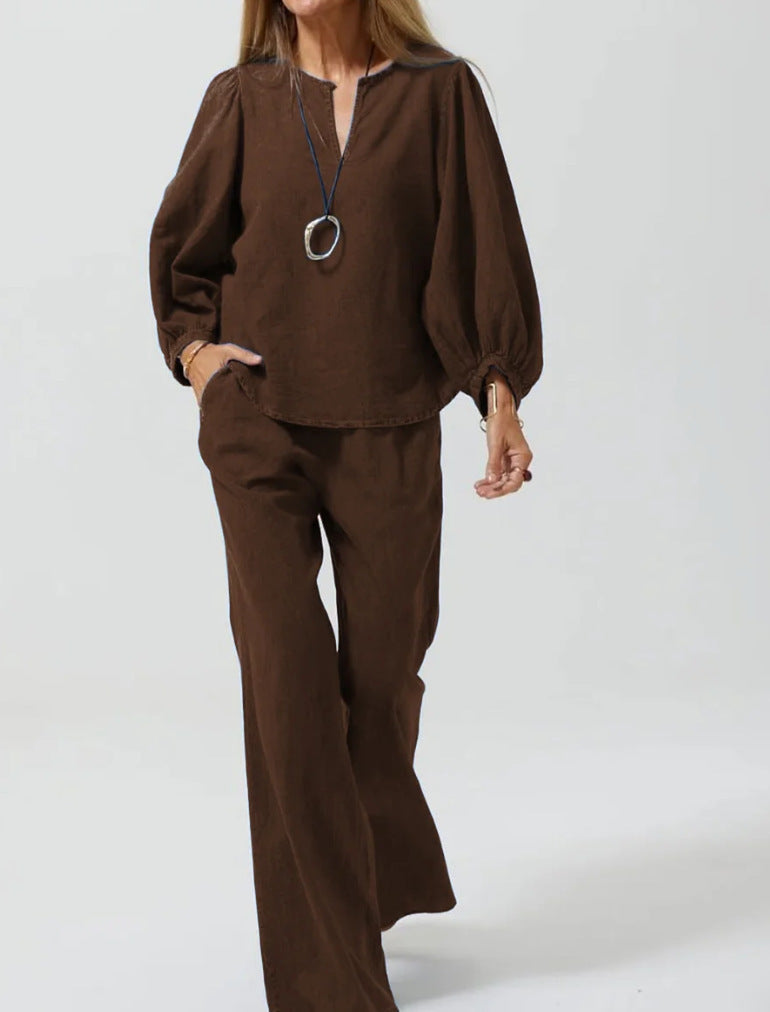 Set Cristina din bumbac și in - Pantaloni eleganți cu croială dreaptă