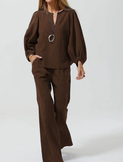 Set Cristina din bumbac și in - Pantaloni eleganți cu croială dreaptă