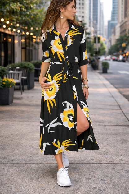 Rochie vintage din șifon Cristina - Fustă tip A cu imprimeu