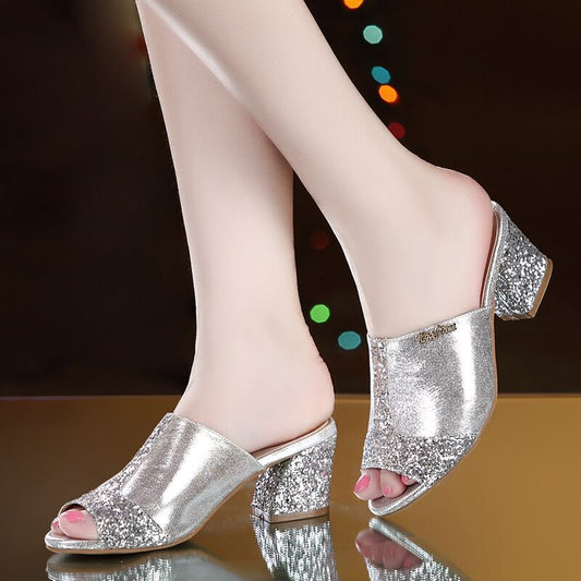 Sandale Cristina din piele moale - Toc bloc cu strălucire