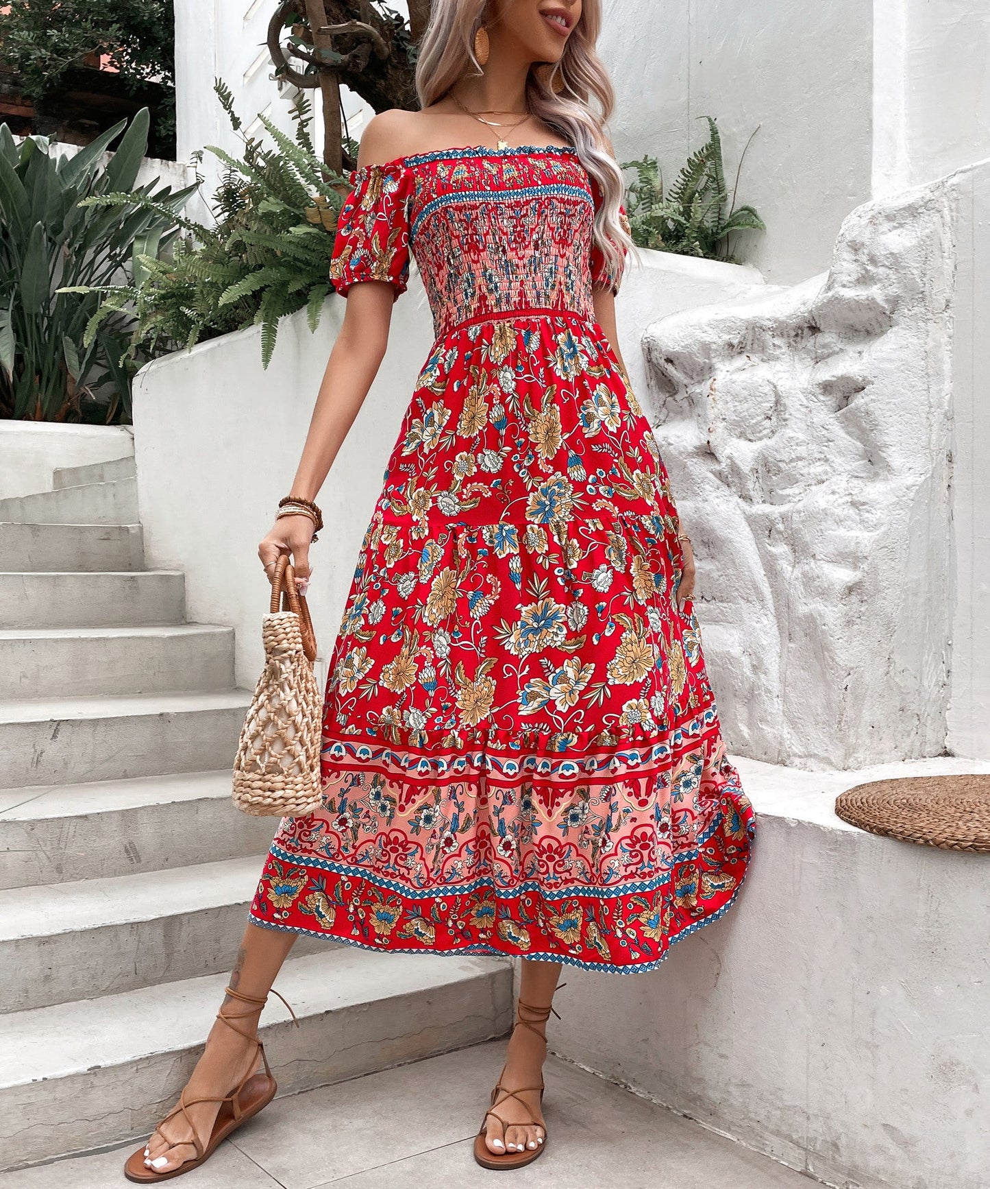 Rochie midi cu umeri goi, cu imprimeu floral boho, Cristina Gore