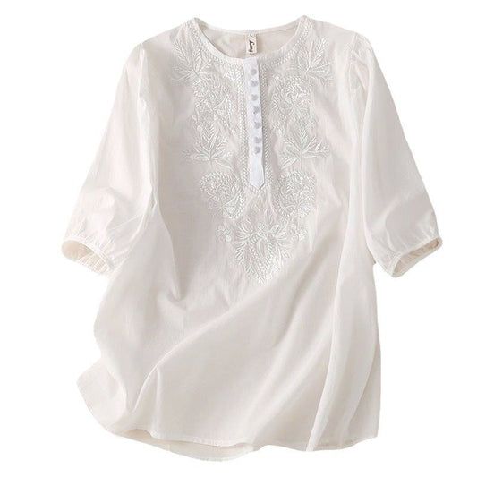 Top din in brodat Cristina - Decolteu rotund vintage
