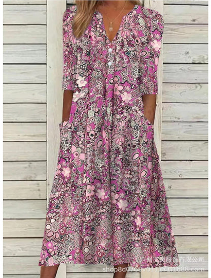 Rochie de petrecere Cristina - Croială trapez florală cu buzunare