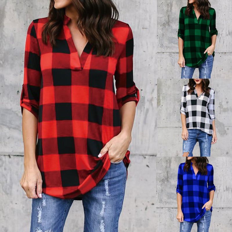 Plaid V-Neck Loose Blouse by Cristina Gore