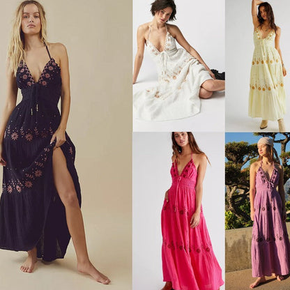 Rochie maxi brodată Cristina - Eleganță florală cu decolteu în V