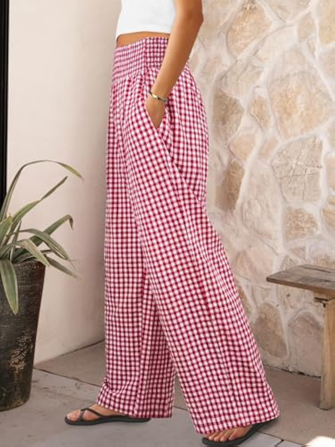 Pantaloni sport în carouri, casual, lejeri, la modă, cu picior larg, cu buzunare