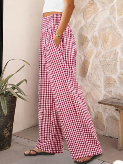 Pantaloni sport în carouri, casual, lejeri, la modă, cu picior larg, cu buzunare