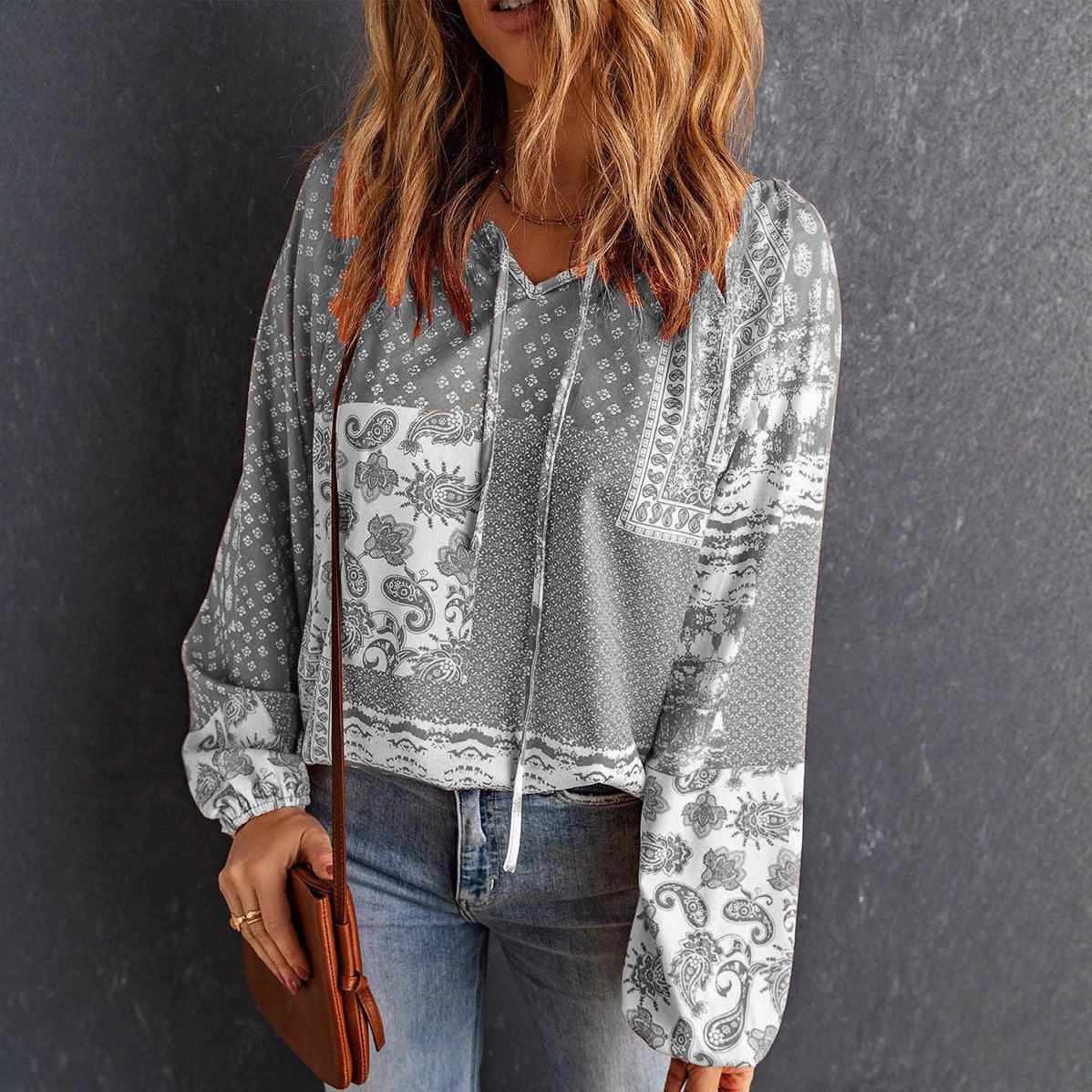 Bluză cu mânecă lungă și imprimeu boho Cristina Gore