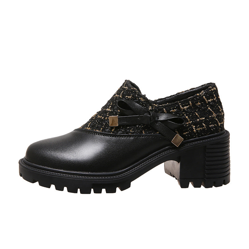 Pantofi cu toc gros Cristina din tweed cu fundă - Inspirație