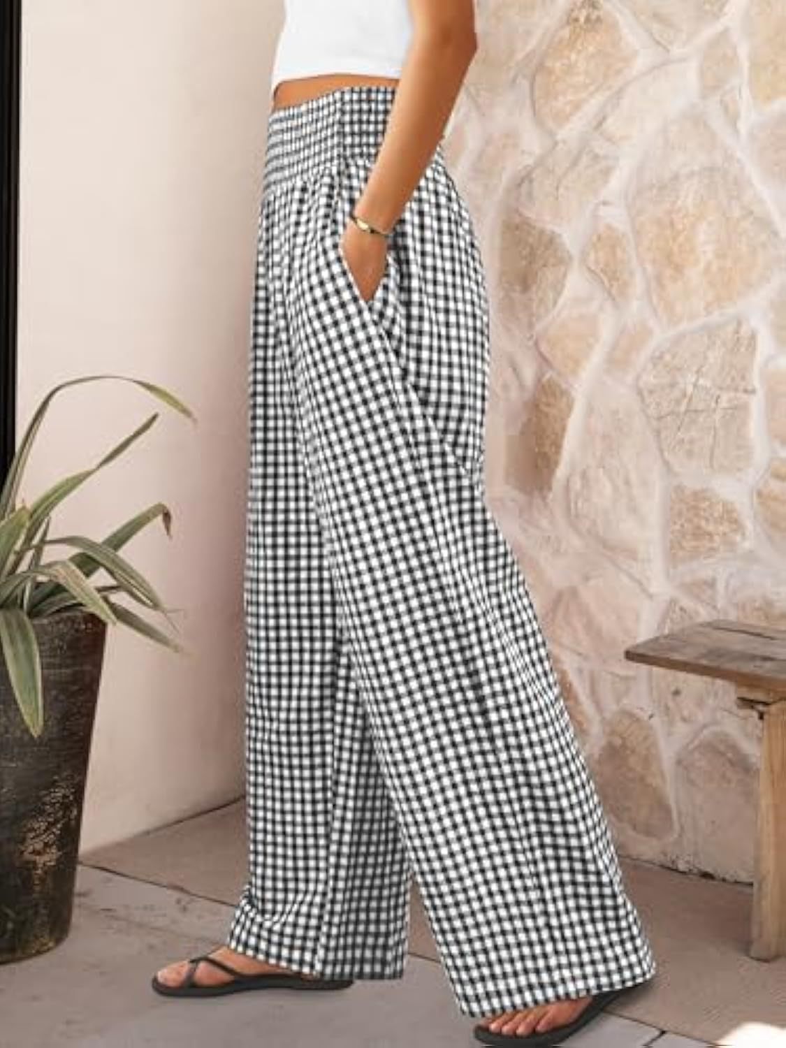 Pantaloni sport în carouri, casual, lejeri, la modă, cu picior larg, cu buzunare