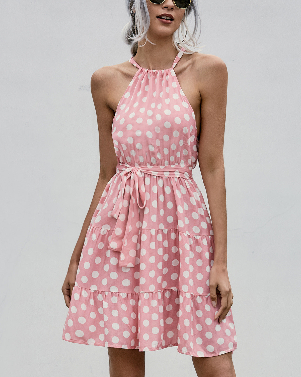 Rochie elegantă cu buline, model halter, de Cristina Gore