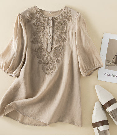 Top din in brodat Cristina - Decolteu rotund vintage