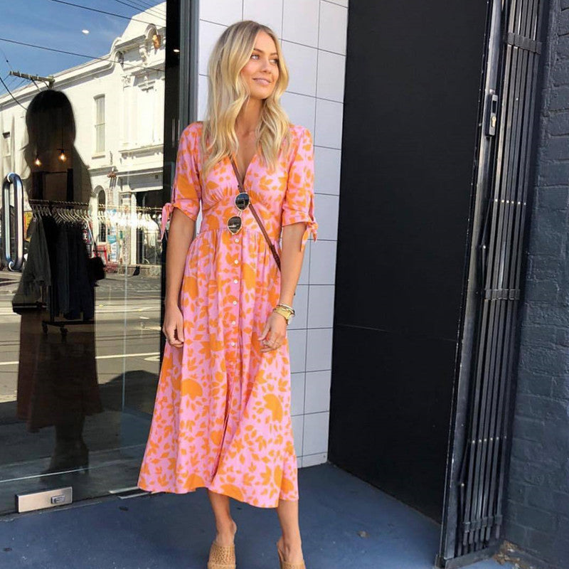 Rochie Cristina cu imprimeu și decolteu în V - Mâneci cu cinci puncte