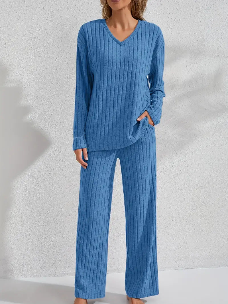 Set de lenjerie de casă pentru femei, cu mânecă lungă și pantaloni, cu nervuri