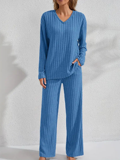 Set de lenjerie de casă pentru femei, cu mânecă lungă și pantaloni, cu nervuri