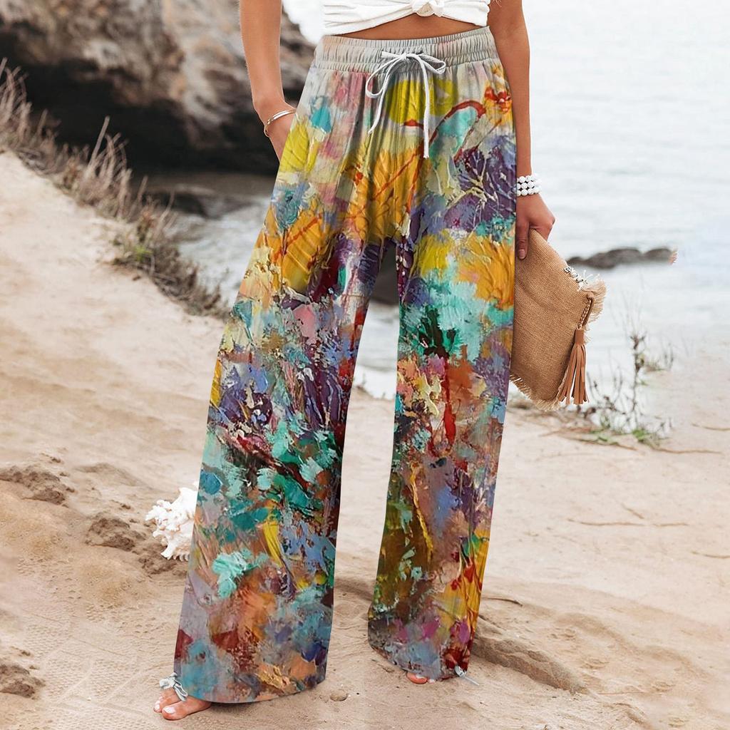 Pantaloni largi pentru femei cu imprimeu boho botanic Cristina Gore